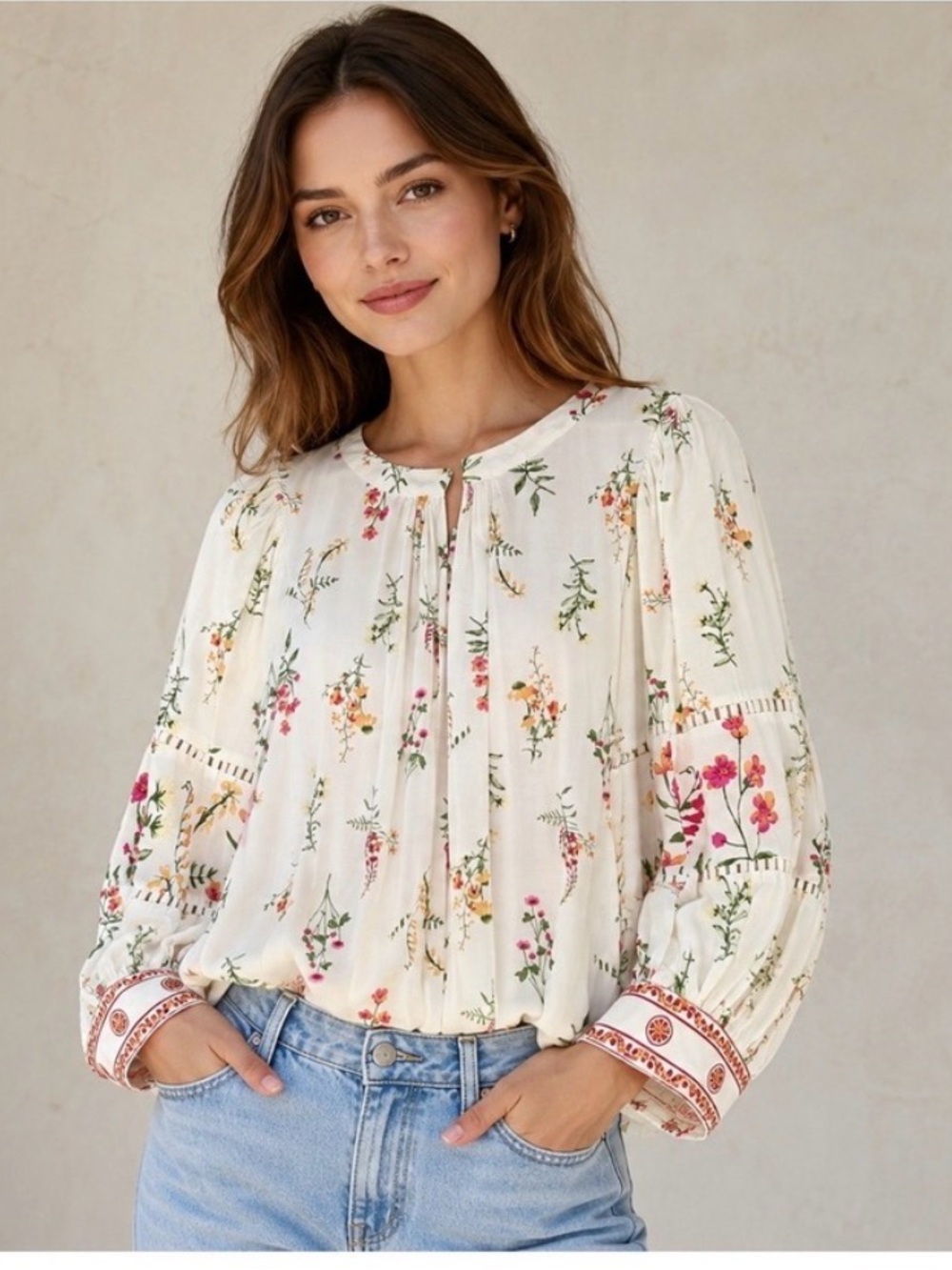 Skies Are Blue Cream Floral Peasant Blouse